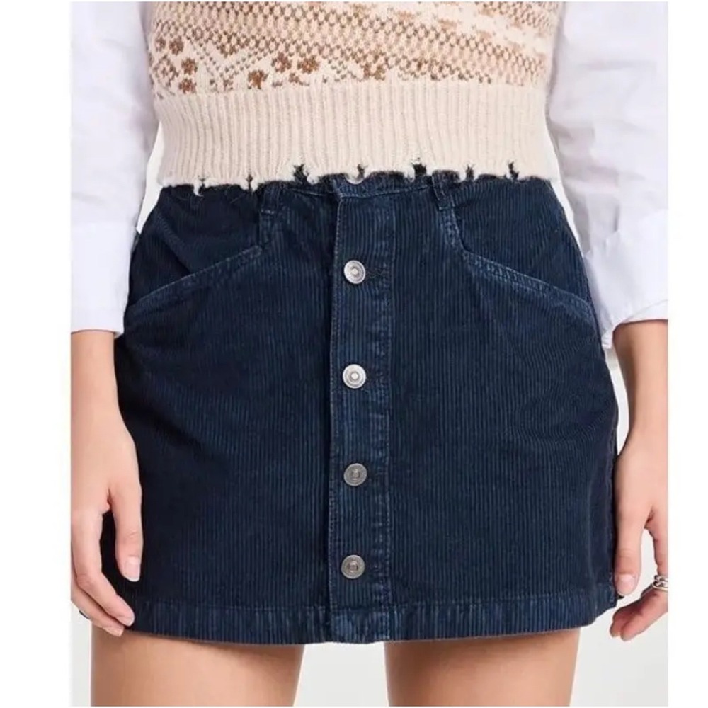 Free People Ray‎ Corduroy Mini Skirt Navy Blue Button Front Size 10 Y2K Indie - Picture 2 of 9